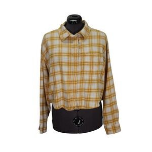 American Eagle Plaid Flannel Shirt Women's L Yellow Cropped Distressed‎ Grunge